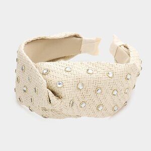 NWT Ivory Cream Boho Stone Embellished Straw Twisted Headband